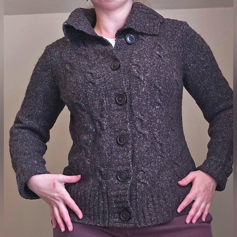 L.L.Bean Brown, Wool blend, Mock neck Cardigan. Size LG